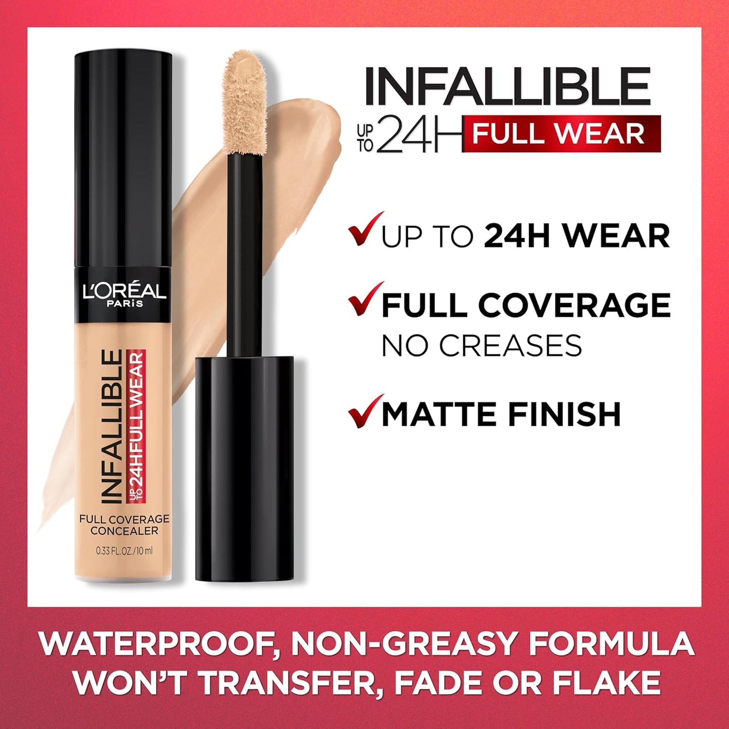 L'Oreal Paris Makeup Infallible Full Wear Waterproof Matte Concealer, Full Coverage, Cashmere, 0.33 fl. oz.